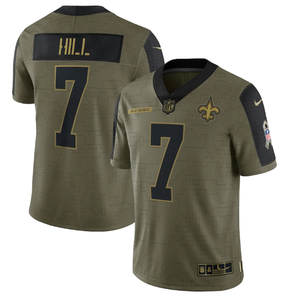 Men's New Orleans Saints #7 Taysom Hill 2021 Olive Salute To Service Limited Stitched Jersey